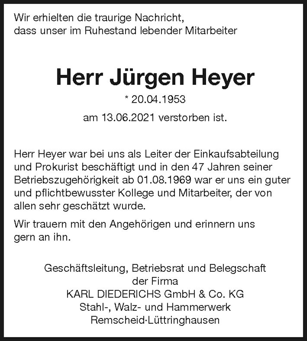 Nachruf Jürgen Heyer