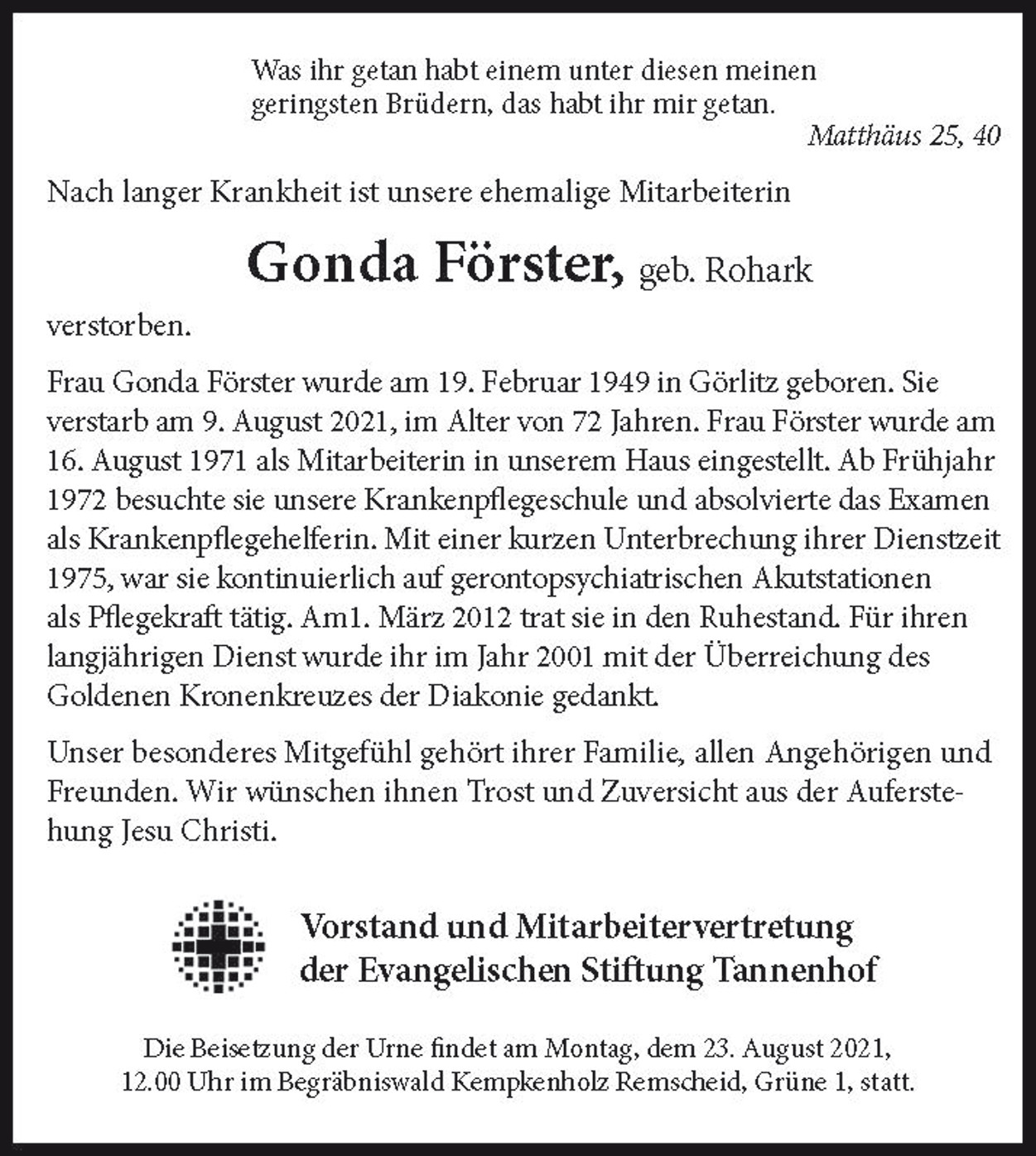 Nachruf Gonda Förster, der Stiftung Tannenhof