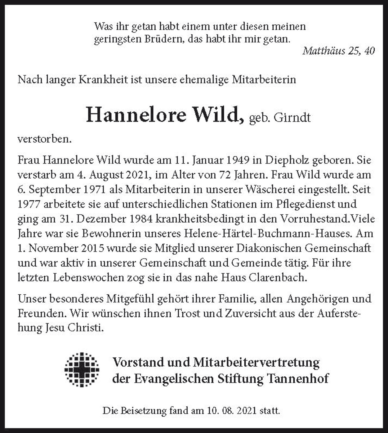 Nachruf Hannelore Wild, der Stiftung Tannenhof