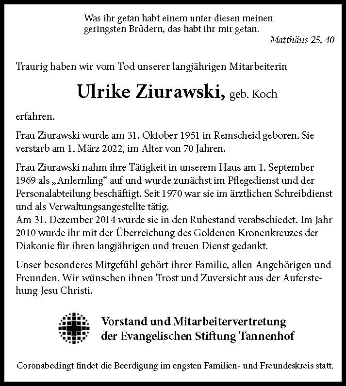 Nachruf Ulrike Ziurawski