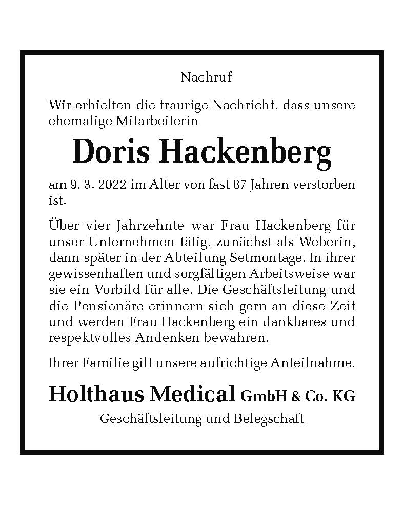 Nachruf Doris Hackenberg