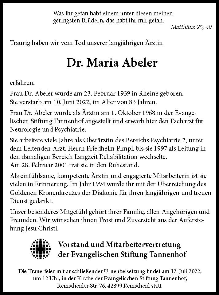 Nachruf Dr. Maria Abeler