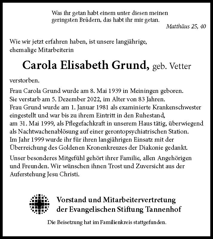 Nachruf: Carola Elisabeth Grund