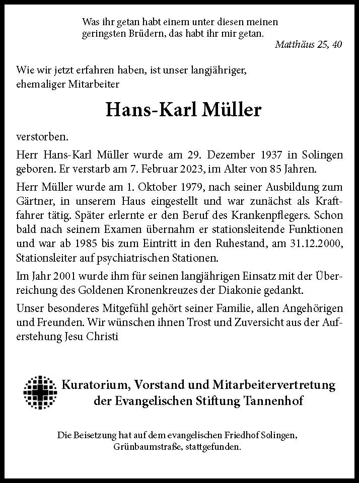 Nachruf Hans-Karl Müller