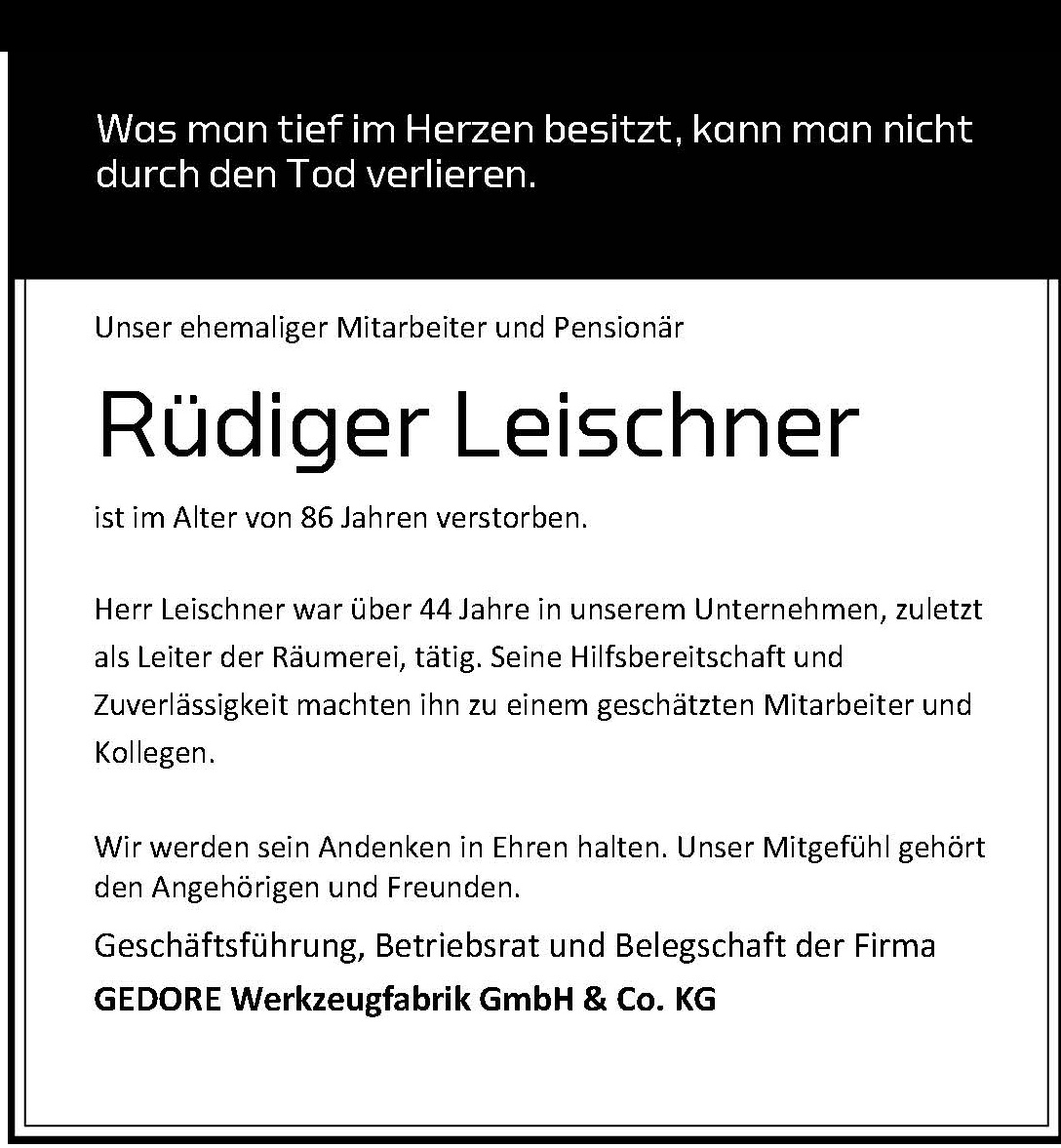 Nachruf: Rudiger Leischner
