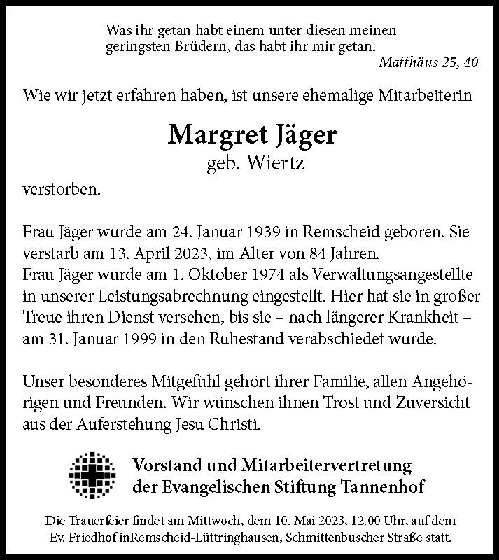 Nachruf Margret Jäger