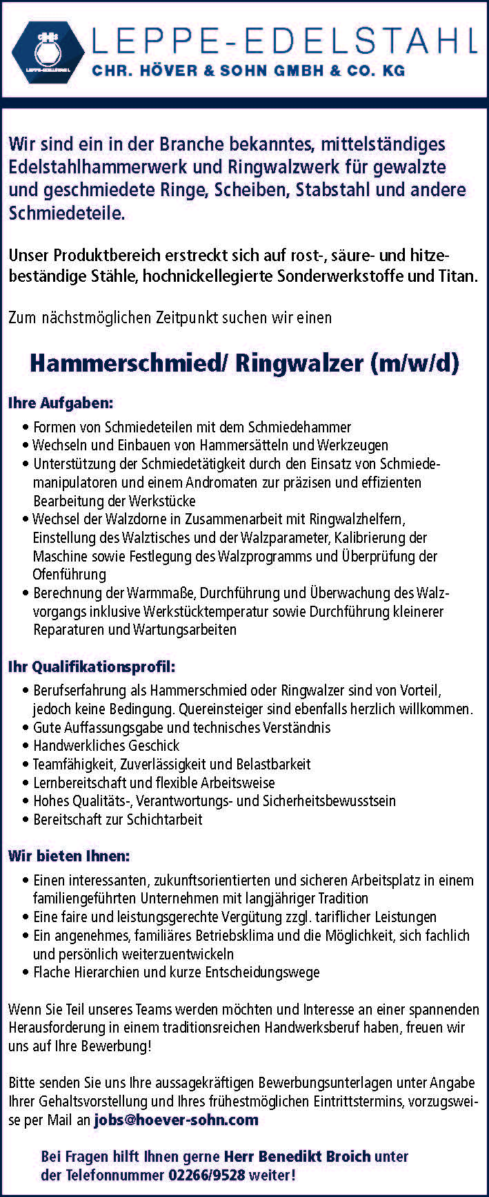 Leppe-Edelstahl sucht Hammerschmied / Ringwalzer (m/w/d)