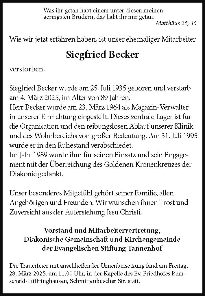 Nachruf: Siegfried Becker