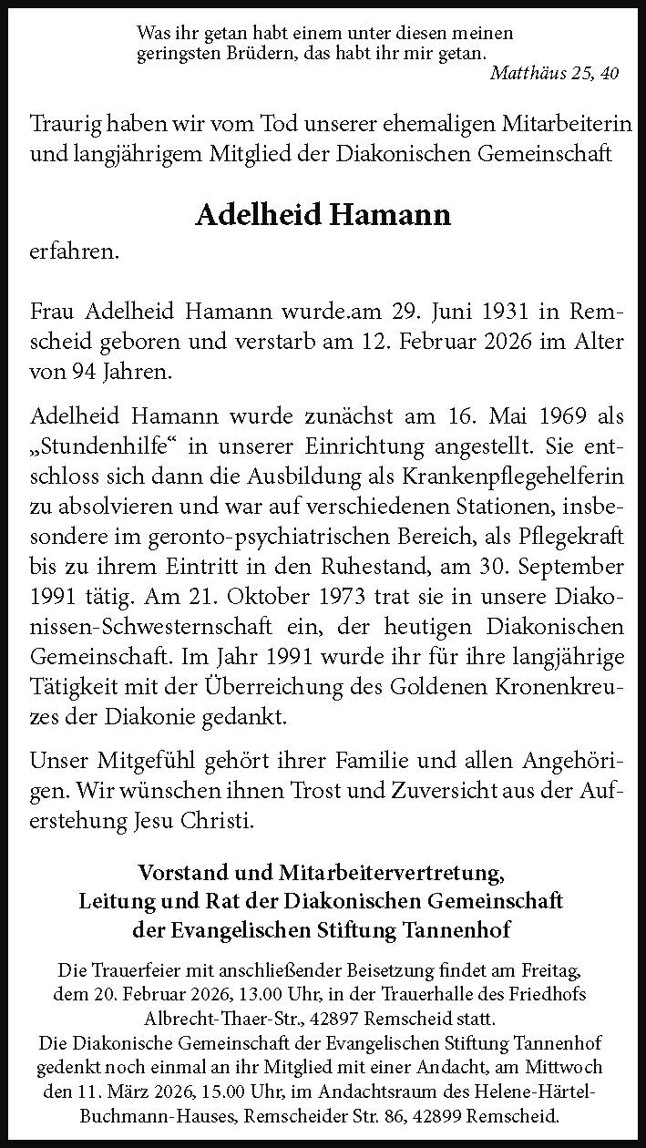 Nachruf: Adelheid Hamann