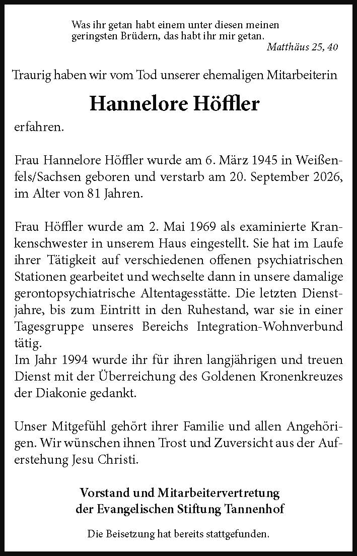 Nachruf: Hannelore Höffler